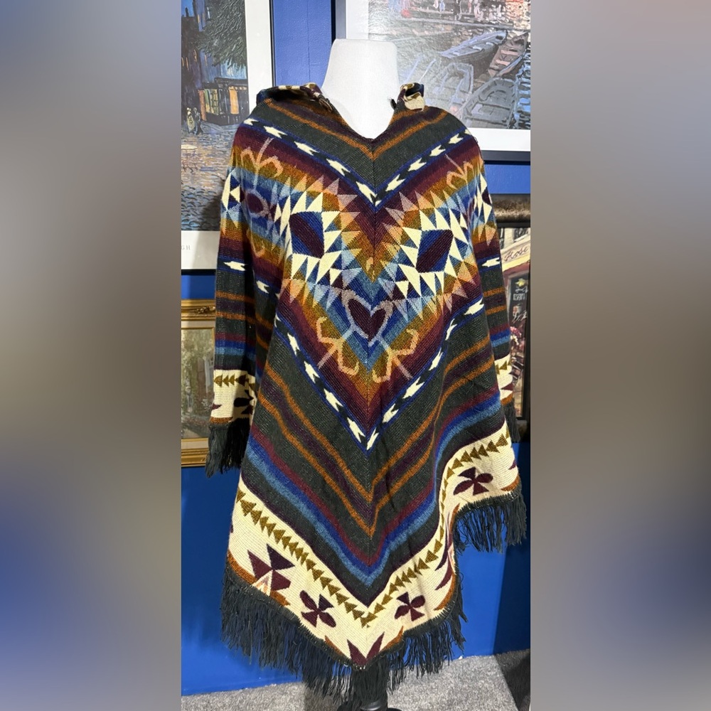 Vibrant Geometric Hooded Poncho with Fringe